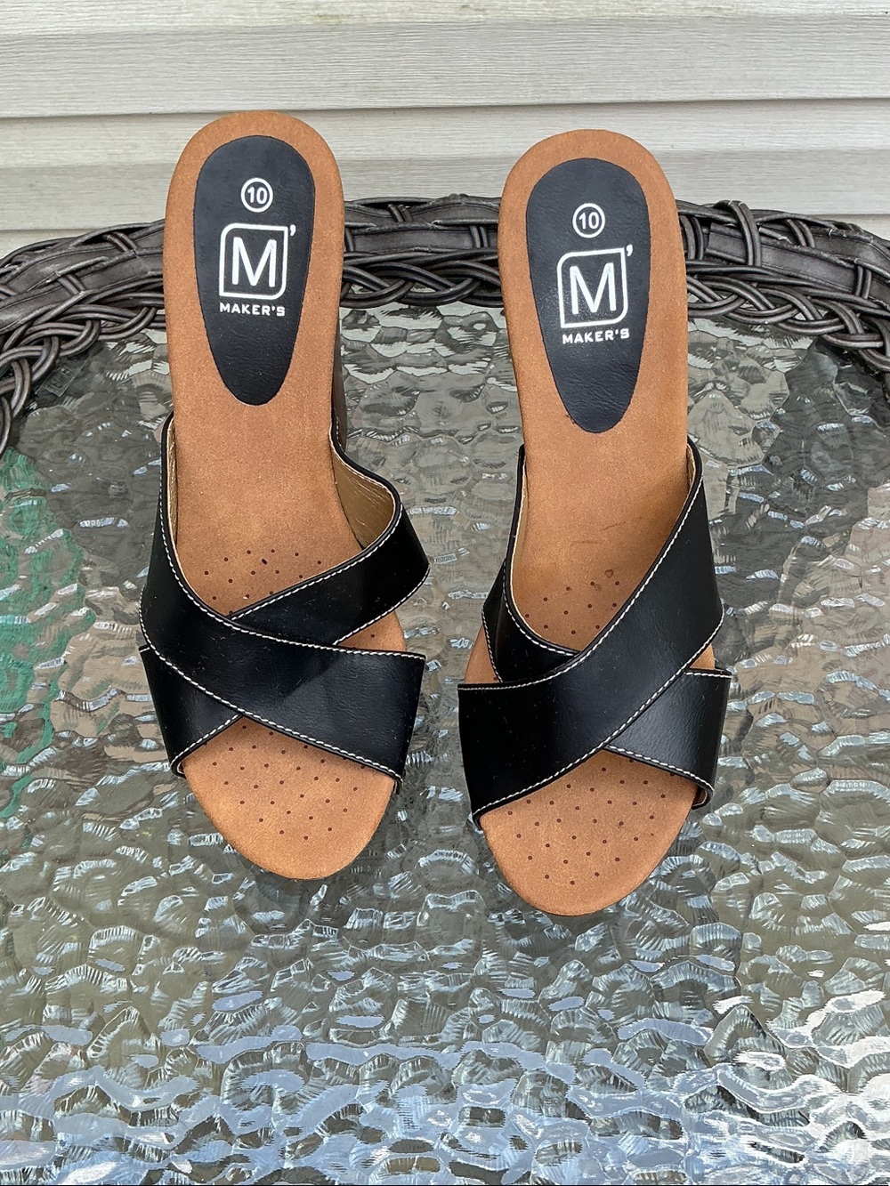 Maker's Black Crisscross Strap Slide Mules - Women's 10 Cork Style Footbed
